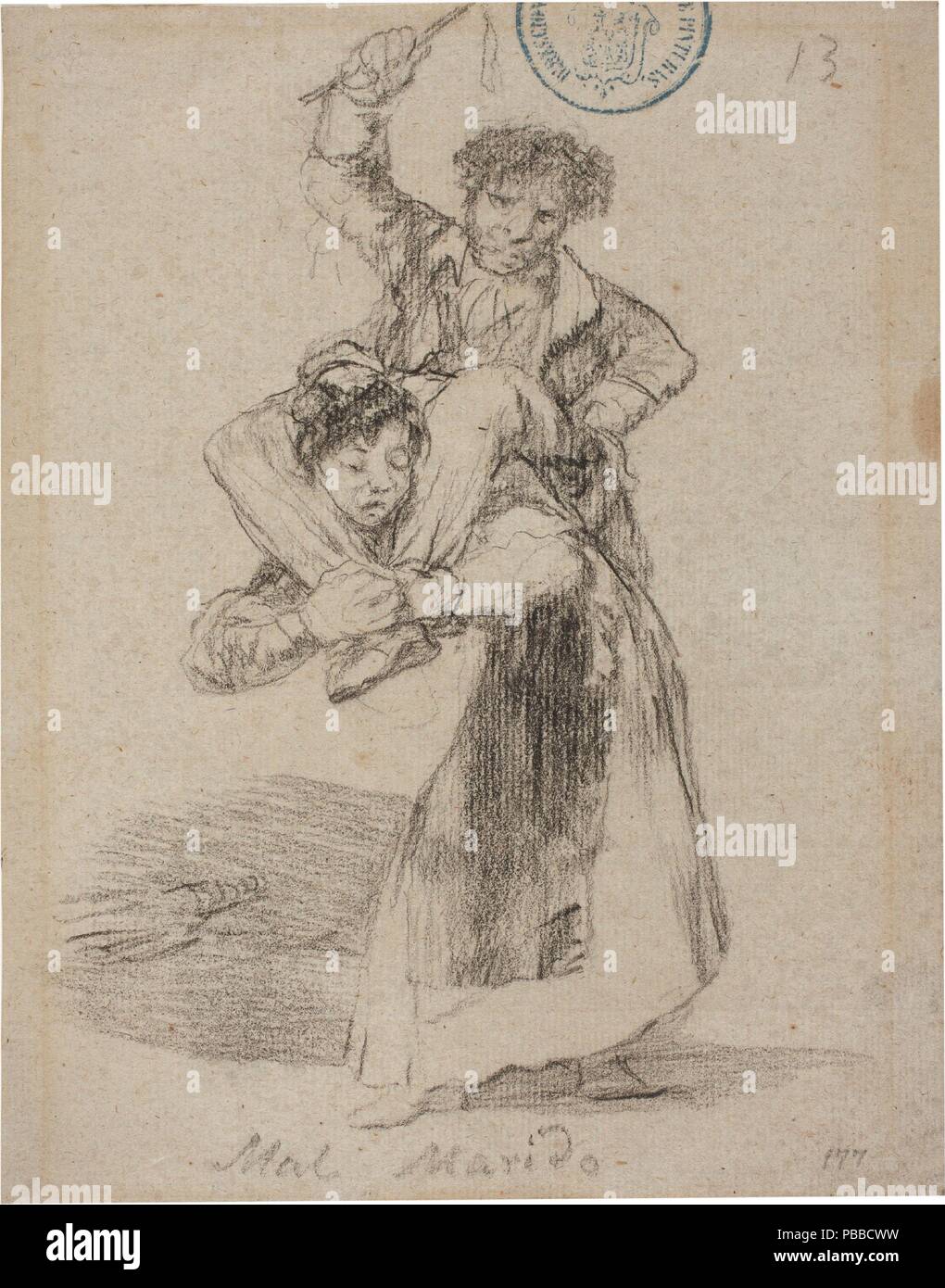 Francisco de Goya y Lucientes / 'Bad husband. Album G, 13'. 1824 - 1828. Black chalk, Lithographic crayon on grey laid paper. Museum: Museo del Prado, Madrid, España. Stock Photo