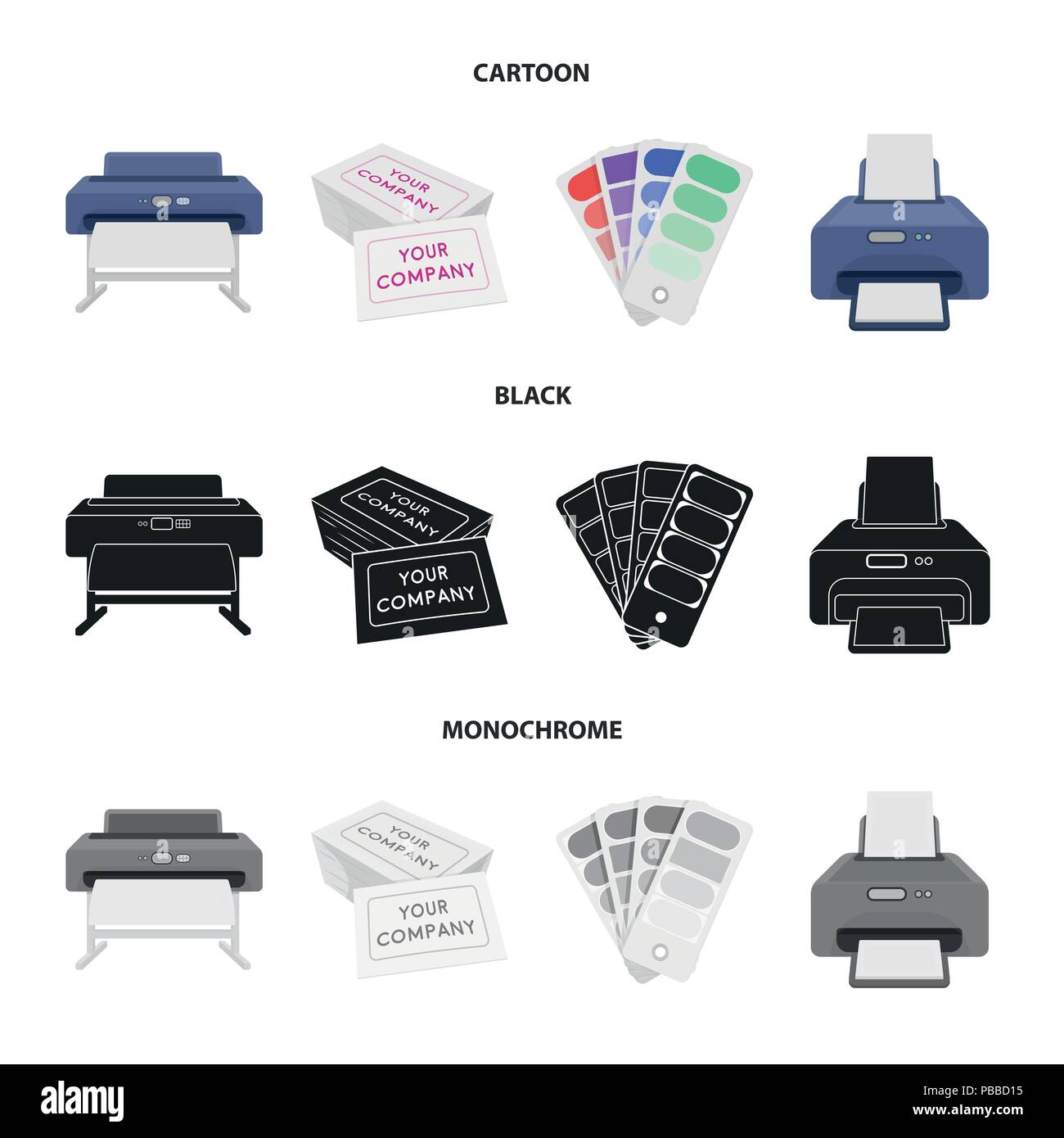 Printer, credit card, color palette.Typography set collection icons in ...