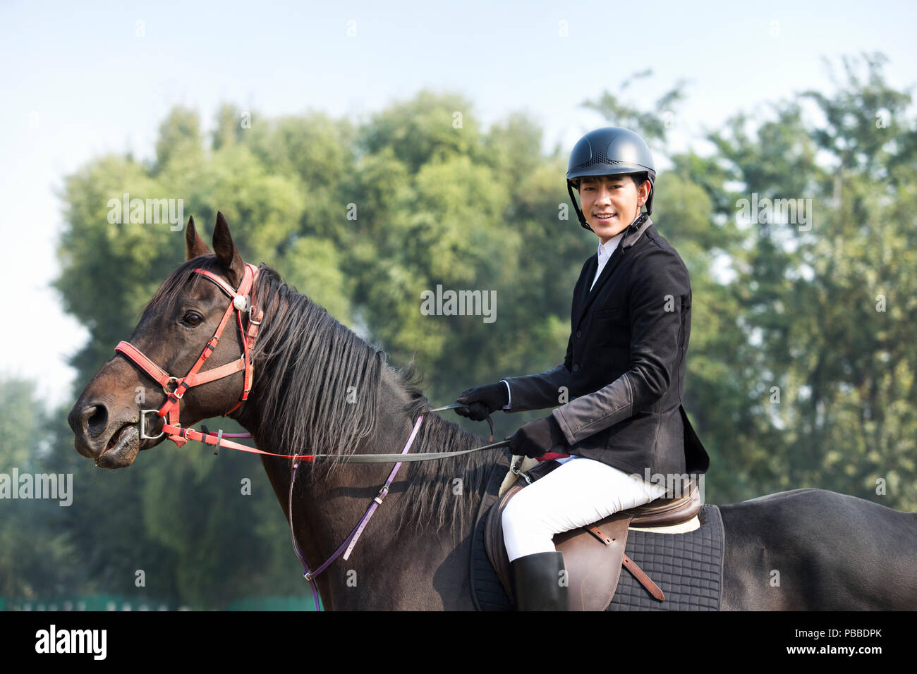 Cheerful young Chinese man riding horse Stock Photo - Alamy