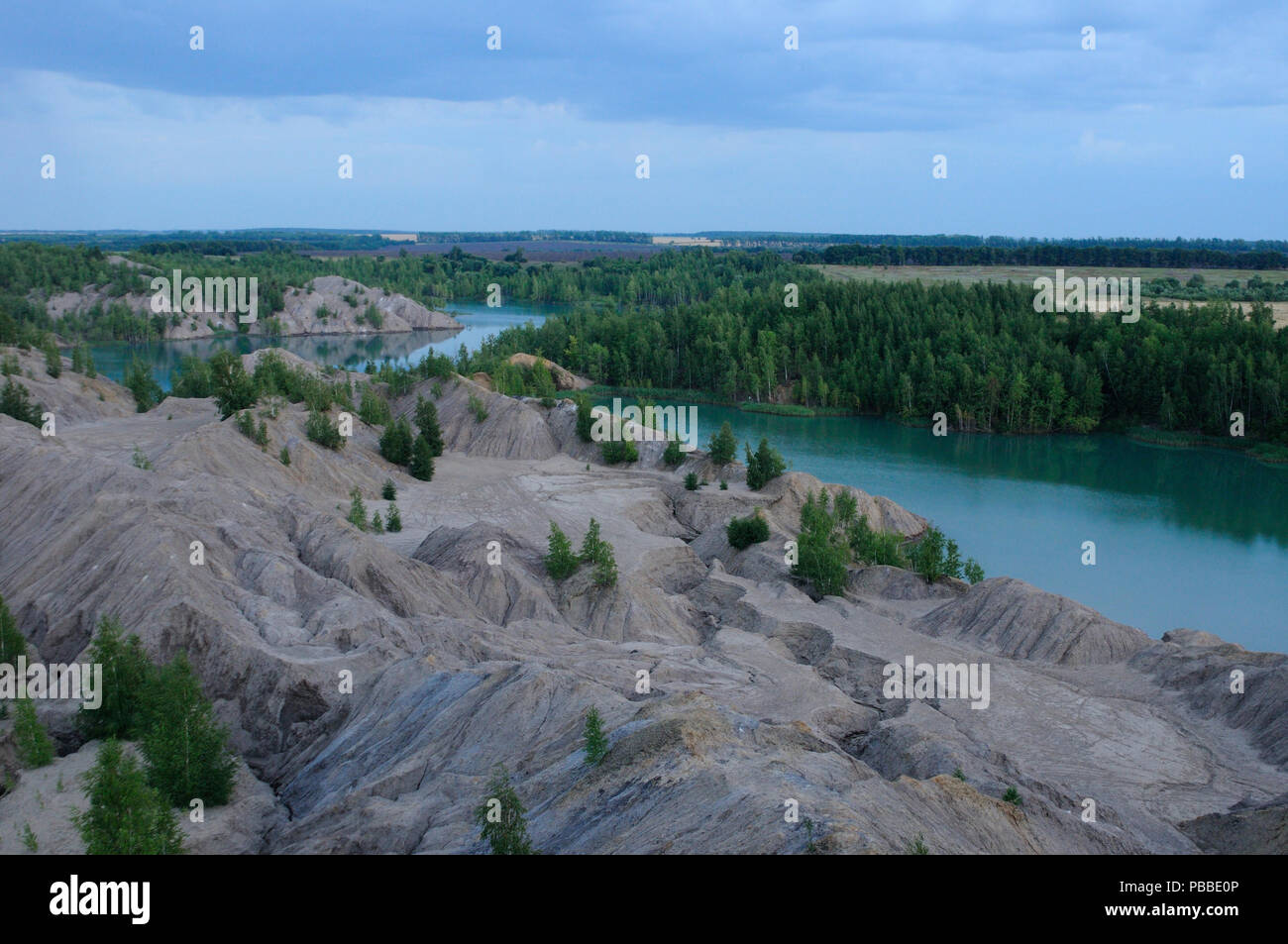View from the top of the hill over the former brown coal open pits filled now by waters, Ushakov open pits, Tula region, Russia Stock Photo