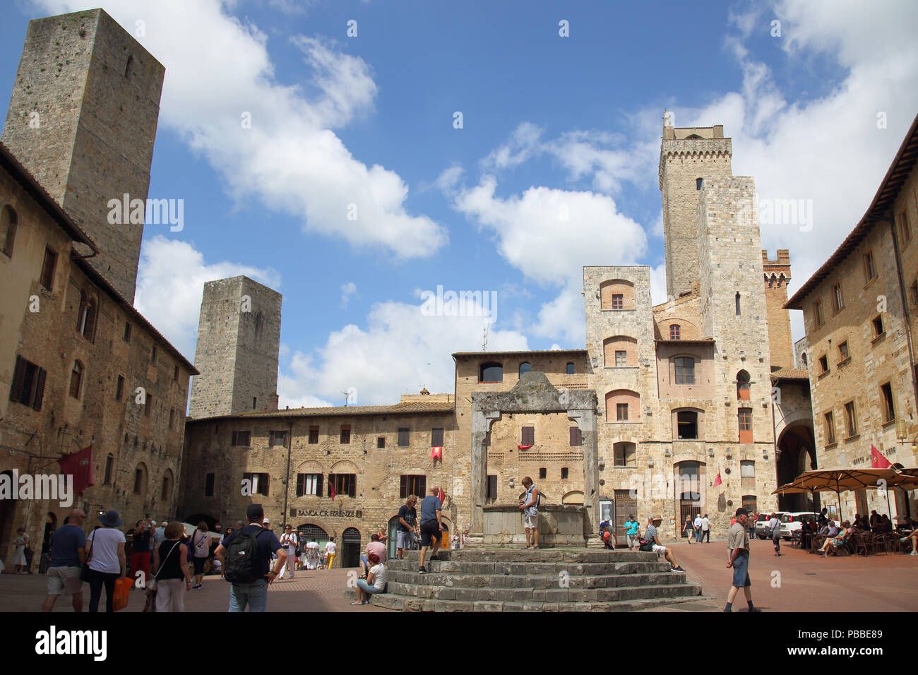 San Gimignano Piazza Della Cisterna And Its 11 Towers In Tuscany Italy 