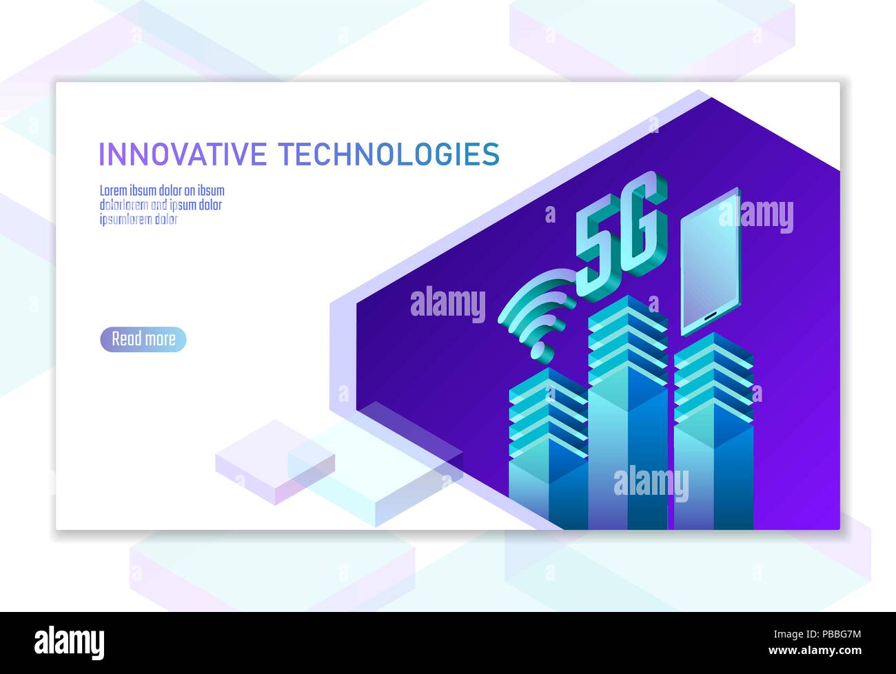 5G new wireless internet wifi connection. Smartphone mobile device isometric blue 3d flat. Global network high speed innovation connection data rate technology white card banner vector illustration Stock Vector