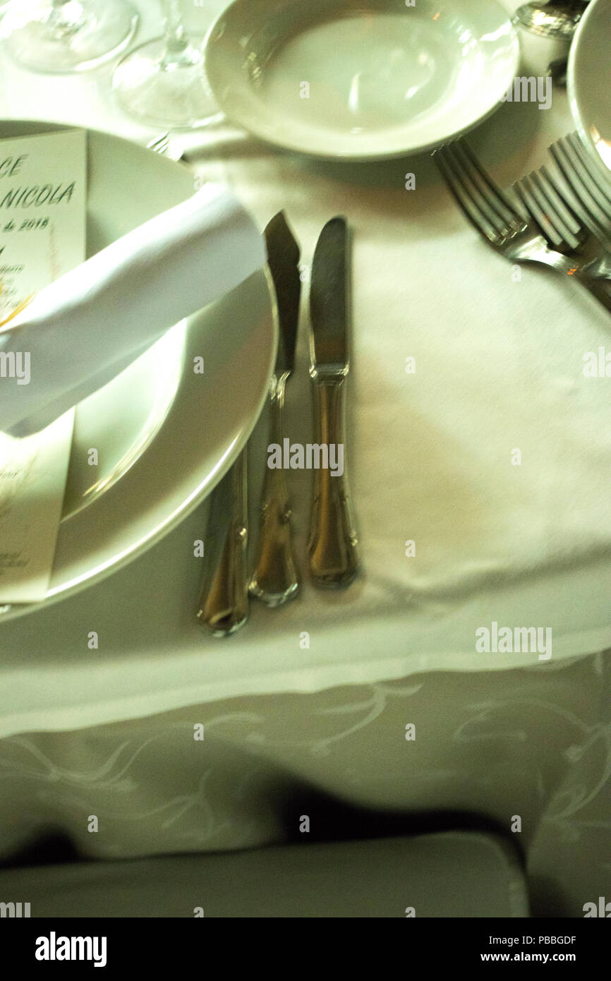 Wedding reception banquet dinner party table place settings set in