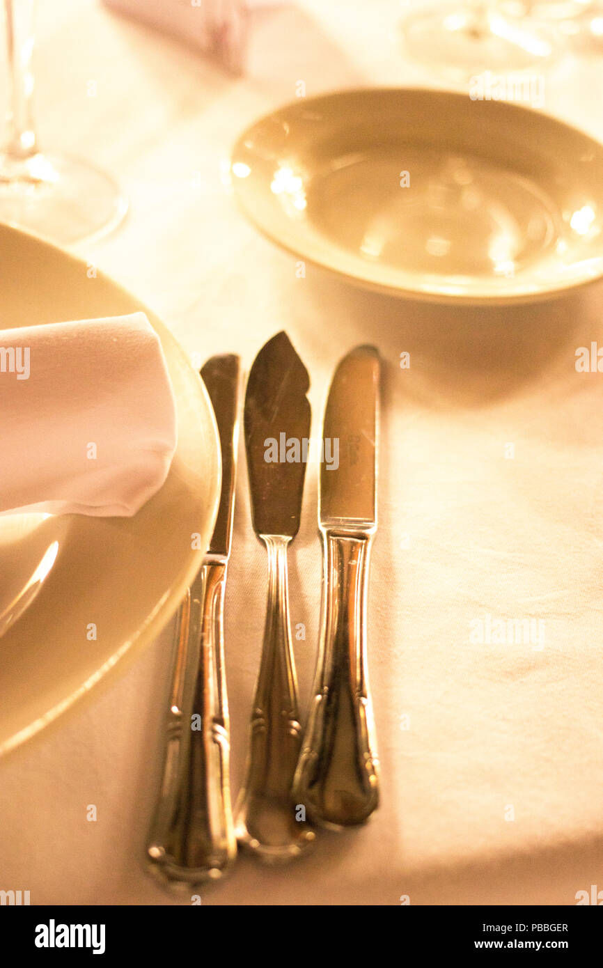 Wedding reception banquet dinner party table place settings set in