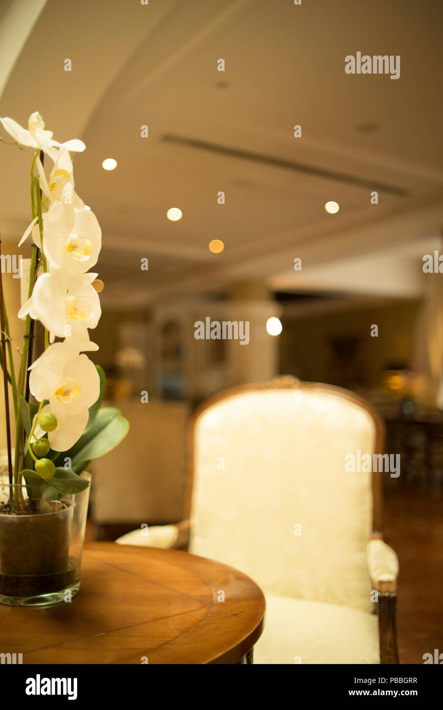 Beautiful flowers in luxury five star hotel wedding marriage party before guests arrive. Stock Photo