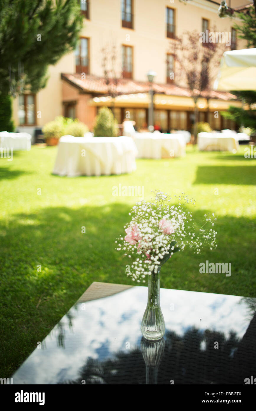 Beautiful Flowers In Luxury Five Star Hotel Wedding Marriage Outdoor Garden Party Before Guests Arrive Stock Photo Alamy