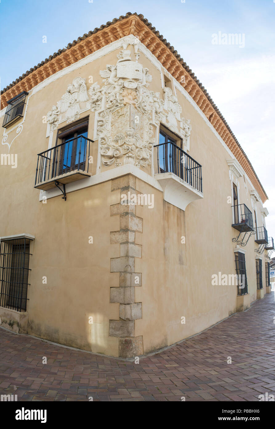 Almendralejo, Spain. January 26th, 2018: Town Hall Building former Palace of Monsalud, Almendralejo, Badajoz, Spain. Corner Balcony Stock Photo