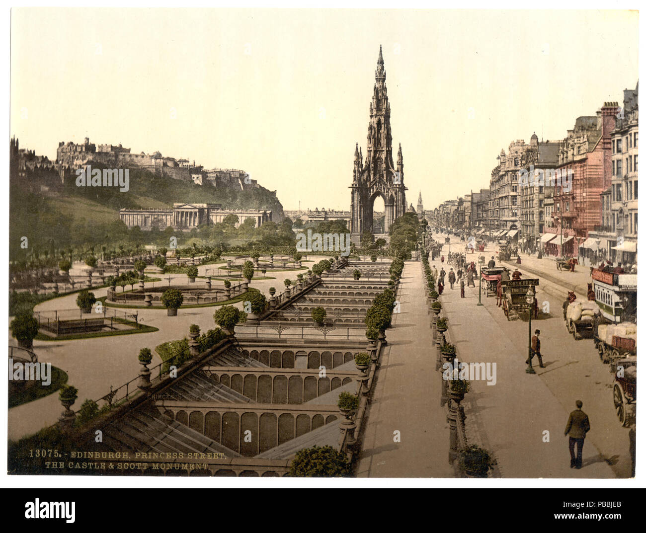 . Princess Street (i.e. Princes Street), the castle, and Scott Monument, Edinburgh, Scotland. Print no. '13075'.; Title from the Detroit Publishing Co., catalogue J-foreign section. Detroit, Mich. : Detroit Photographic Company, 1905.; More information about the Photochrom Print Collection is available at http://hdl.loc.gov/loc.pnp/pp.pgz; Forms part of: Views of landscape and architecture in Scotland in the Photochrom print collection.. between 1890 and 1900 1227 Princess Street (i.e. Princes Street), the castle, and Scott Monument, Edinburgh, Scotland-LCCN2001705995 Stock Photo