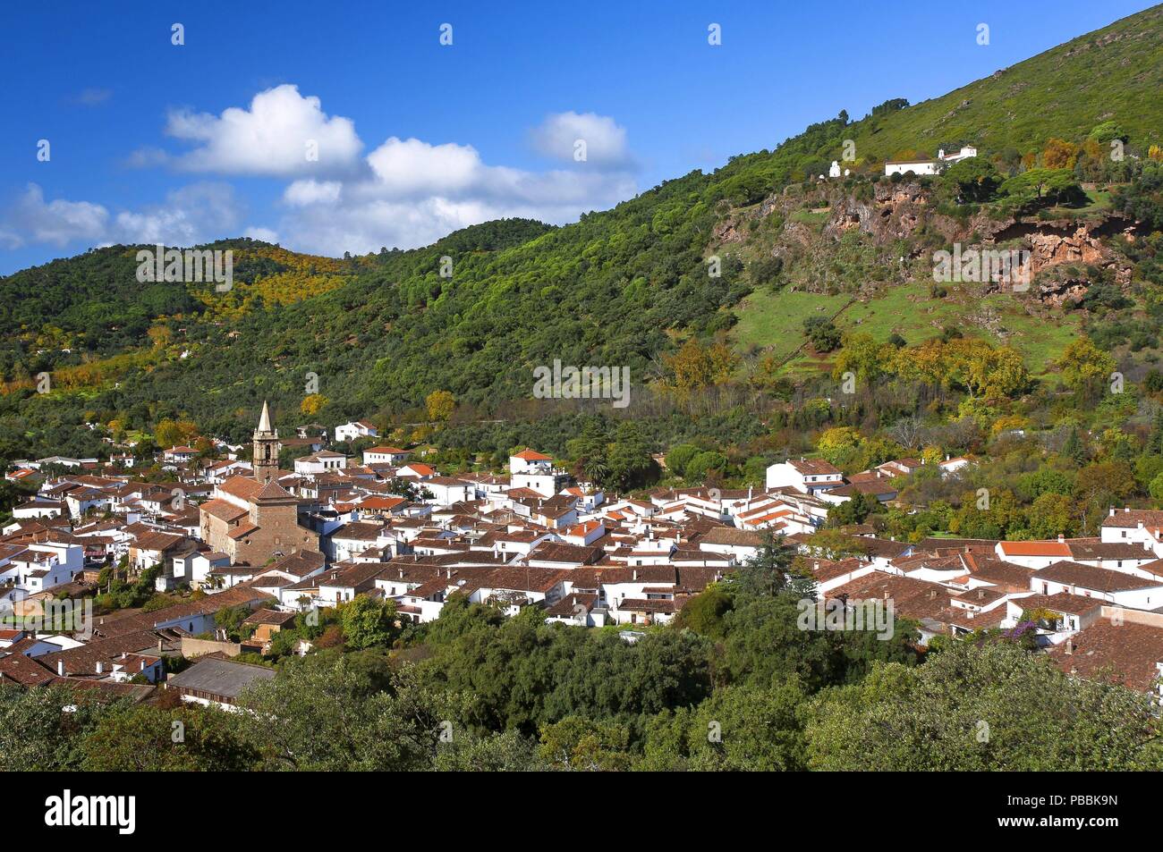 Panoramic view with Arias Montano rock, Alajar, Huelva province, Region of Andalusia, Spain, Europe. Stock Photo