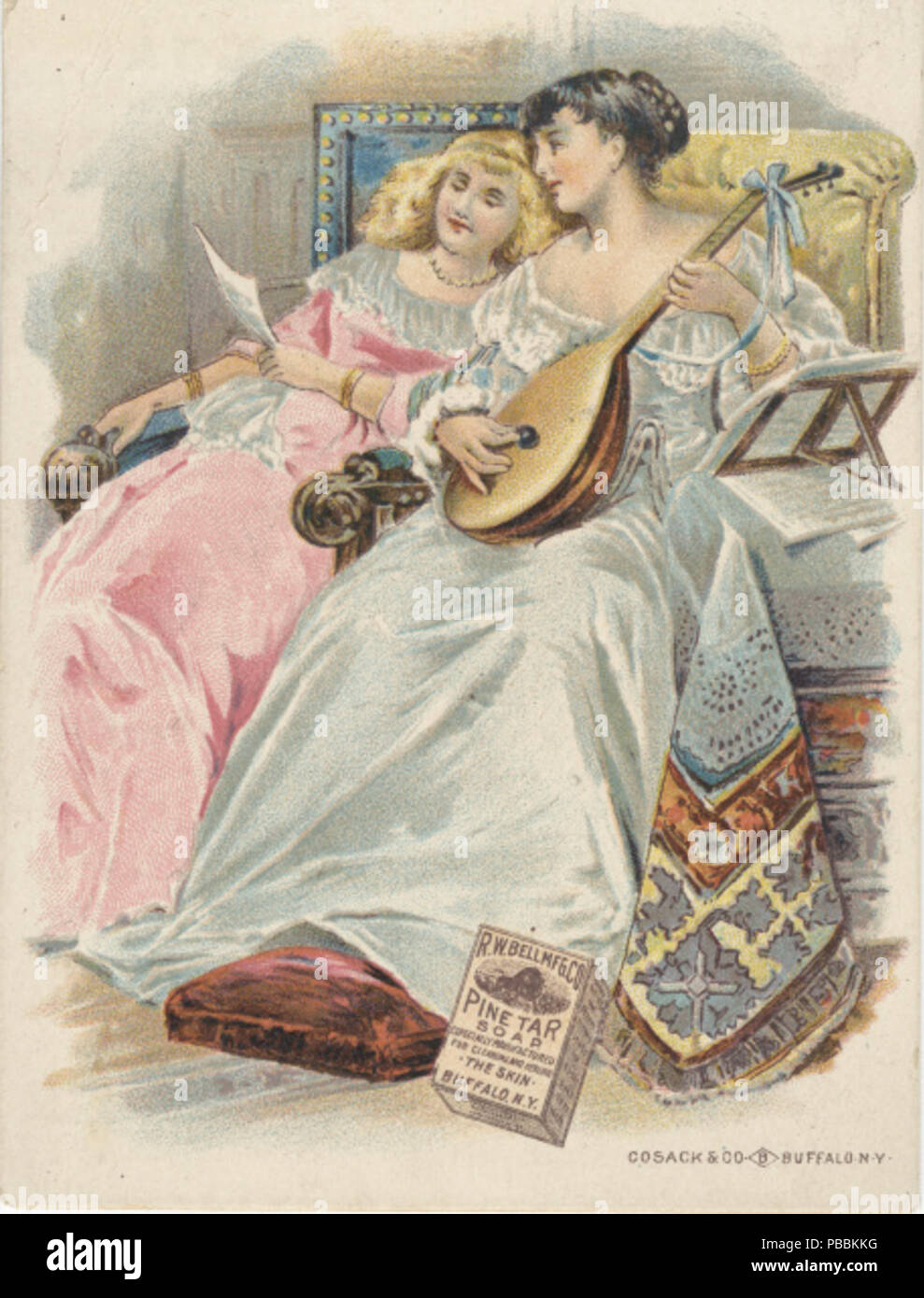 . English: Persistent URL: digital.lib.muohio.edu/u?/tradecards,2168 Subject (TGM): Women; Lutes; Music; Household soap; Cosmetics & soap; Chemical industry; Keywords: Bell's Buffalo Soap Bell's Pine Tar Soap Bell's Snow Cap Soap . circa 1900 1241 R.W. Bell Mfg. Co. (3093689014) Stock Photo