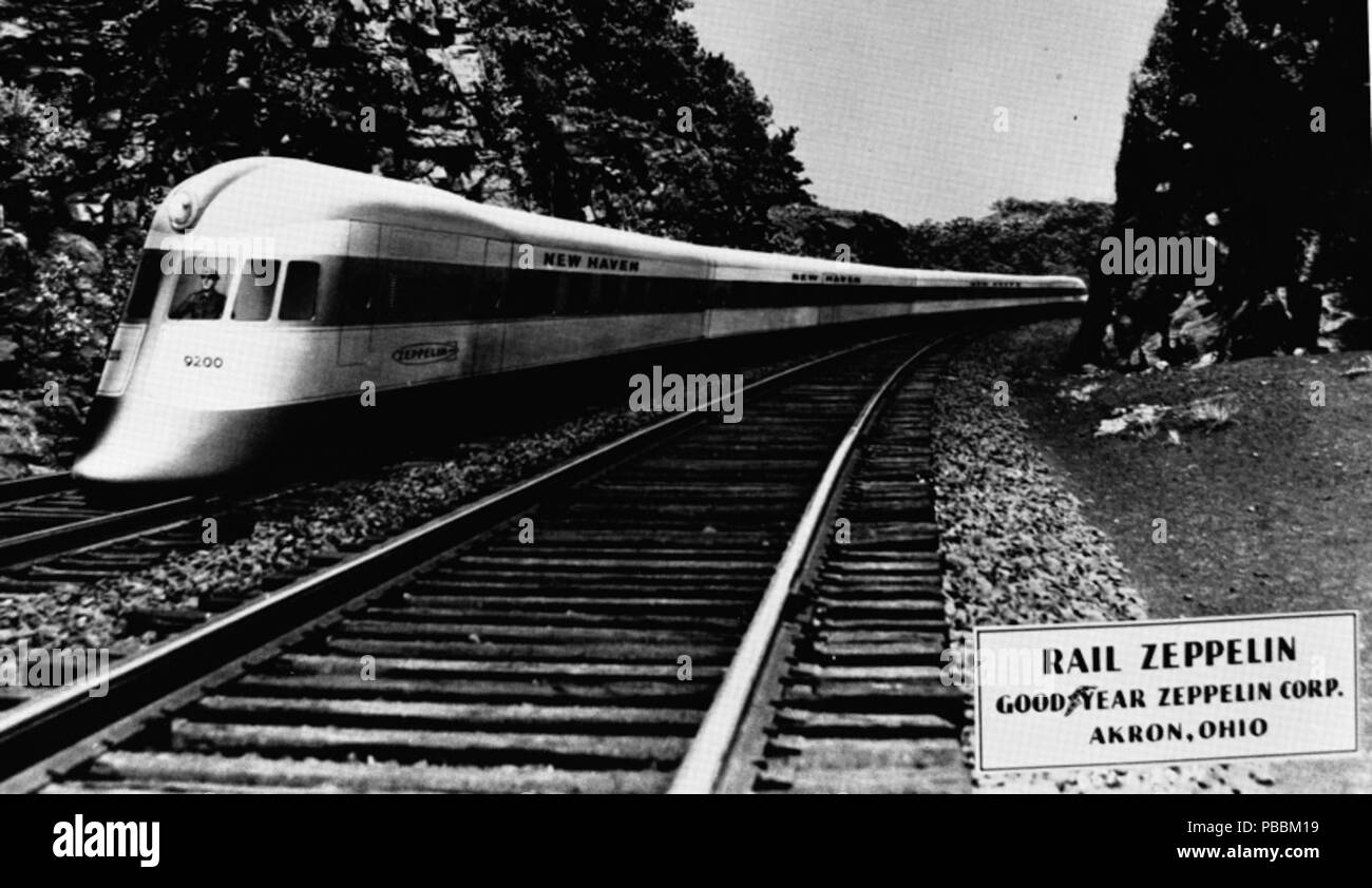 . English: Postcard showing a futuristic looking train on a track. Caption reads RAIL ZEPPELIN, Goodyear Zeppelin Corporation Akron Ohio . Unknown date 1242 Rail Zeppelin postcard Stock Photo