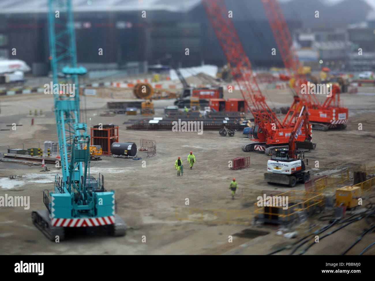 Construction at London's Heathrow Airport next to Queen's Terminal. Stock Photo
