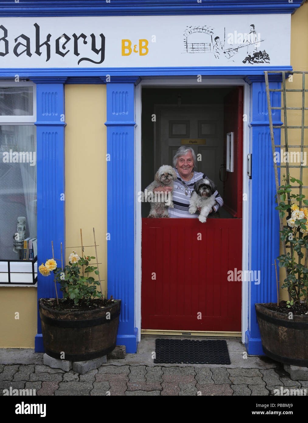 Bed and breakfast owner and her dogs in the doorway of her