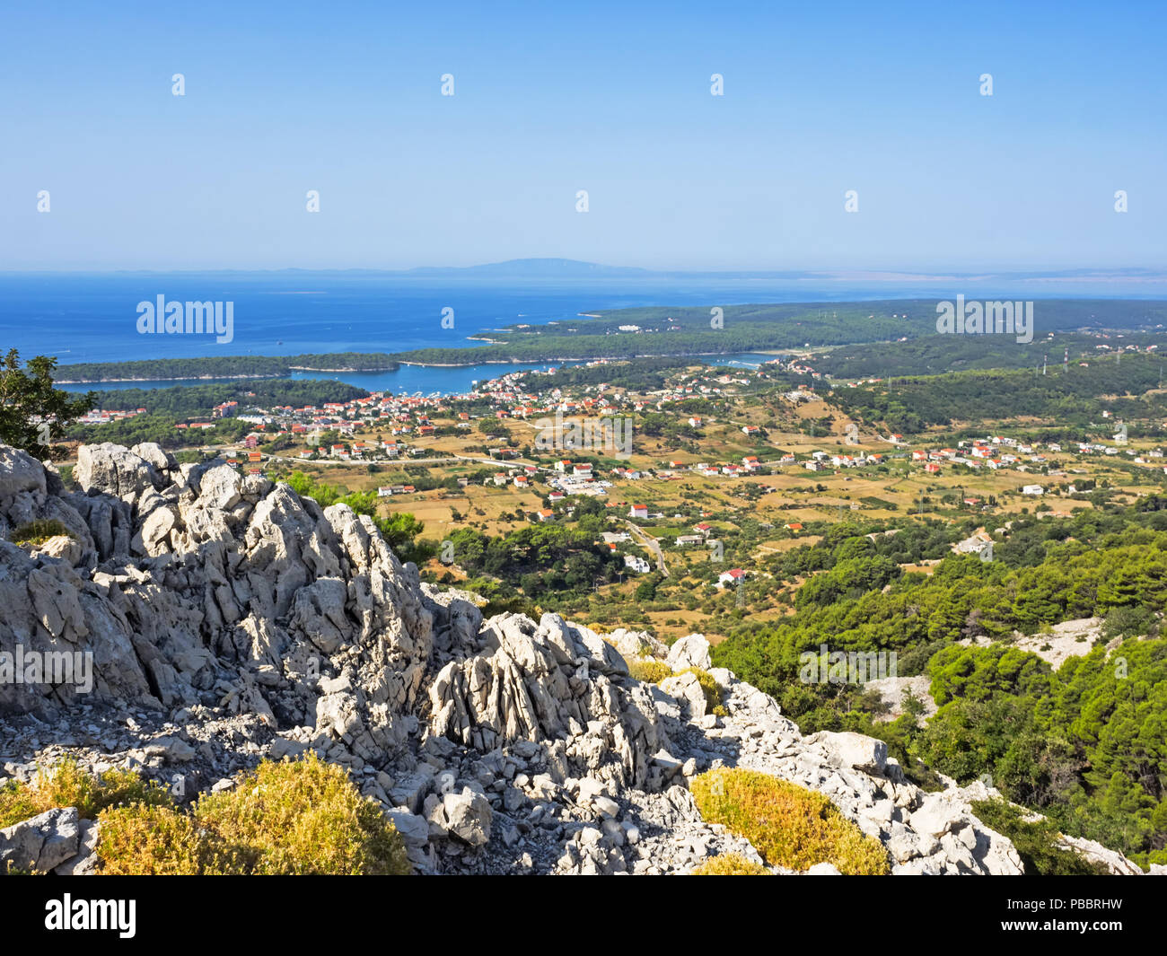 Aerial view of the island Rab with it's city Rab, Croatia Stock Photo