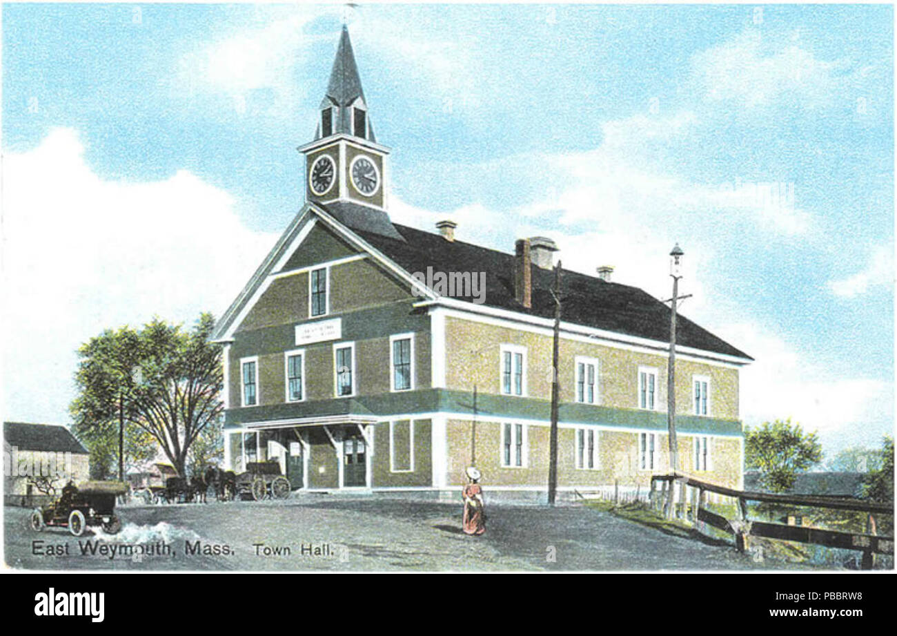 . English Original town hall of Weymouth, MA. Built 1852, destroyed