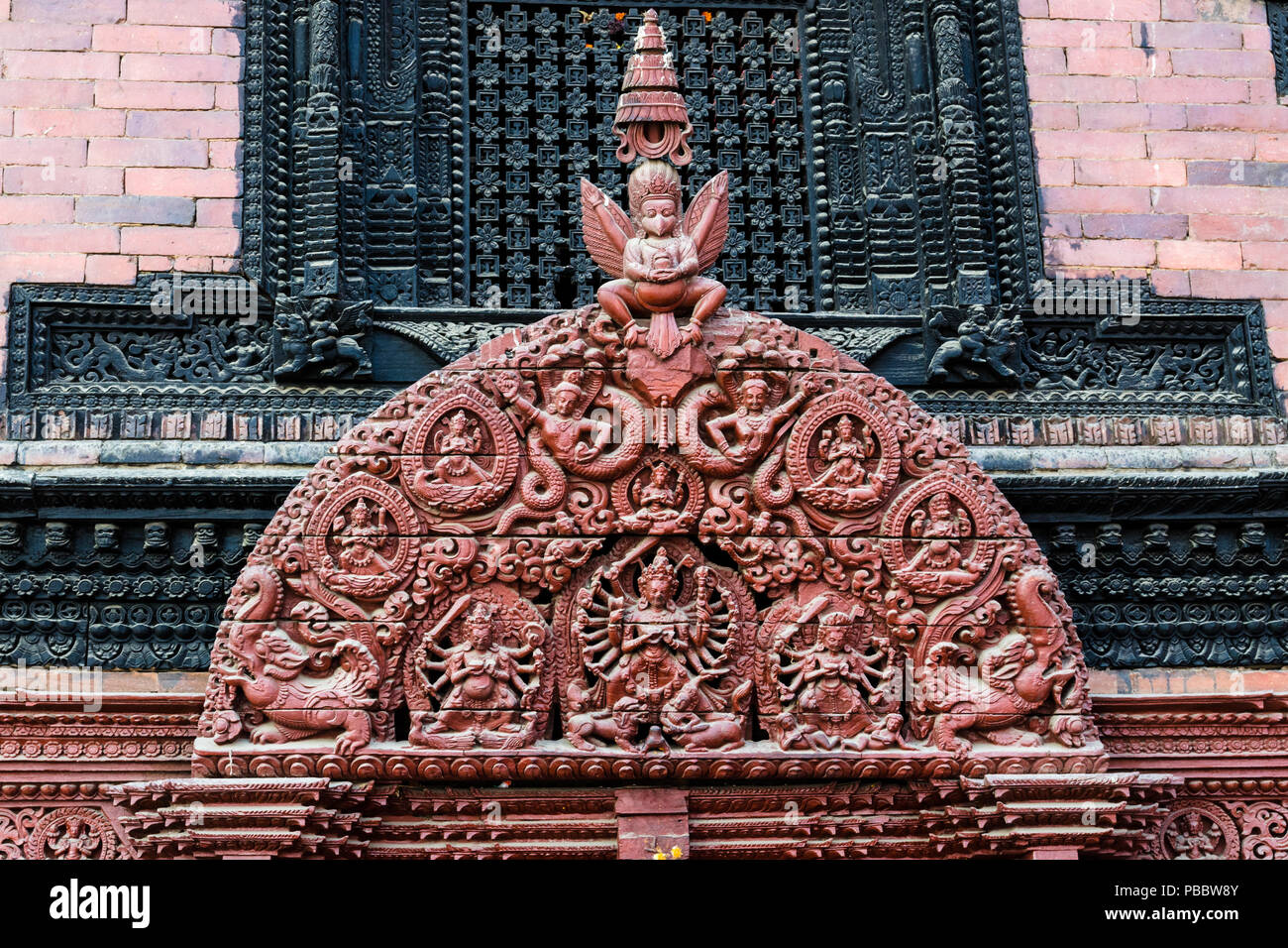 Newari architecture, wooden carvings adorning buildings in Basantapur Durbar Square, Kathmandu, Nepal Stock Photo