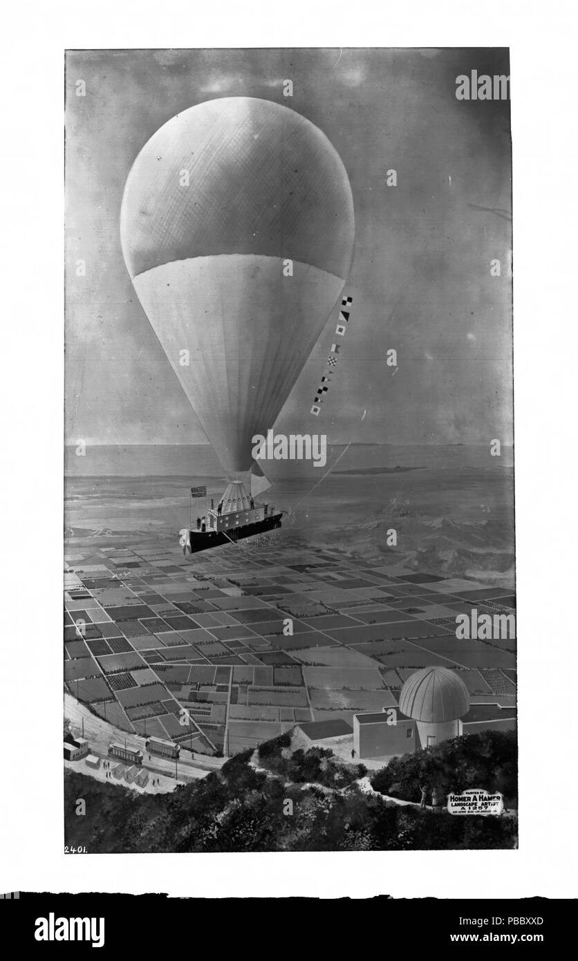 . English: Painting of a balloon trip to Mount Lowe as envisioned by Professor Thaddeus S.C. Lowe, ca.1895-1910 Photograph of a painting by Homer A. Hamer of a balloon trip to Mount Lowe as envisioned by Professor Thaddeus S.C. Lowe from the prospectus, ca.1895-1910. Eight passengers on a ship suspended from a huge flag festooned balloon look down on the patchwork agricultural plots in the valley below as the vehicle approaches the observatory atop Mount Lowe. The Mount Lowe Railway is also depicted. The caption reads 'Painted by Homer A. Hamer, landscape artist, A1257, 406 Henne Bldg. - Los A Stock Photo