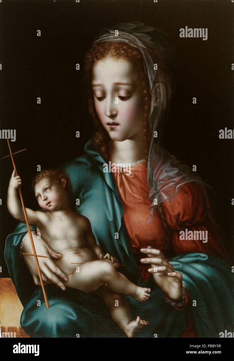 Luis de Morales / 'The Virgin and Child with a Spindle'. 1566. Oil on panel. Museum: Museo del Prado, Madrid, España. Stock Photo