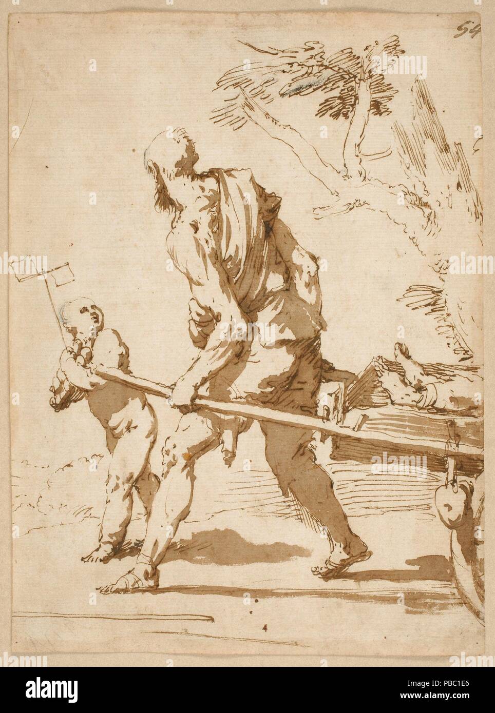 José de Ribera / 'Boy with a Pinwheel and Man pulling a Cart with a body'.  Ca. 1640. Wash, Pencil, Grey-brown ink, Pencil strokes on laid paper.  Museum: Museo del Prado, Madrid,