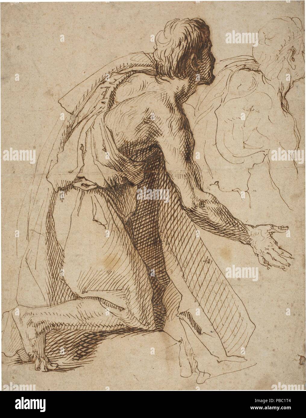 sigismondo coccapani youth with a cloak over his left shoulder and a separate study of his head and back early xvii century pencil grey brown ink on yellow paper museum museo del prado madrid espaa PBC1T4