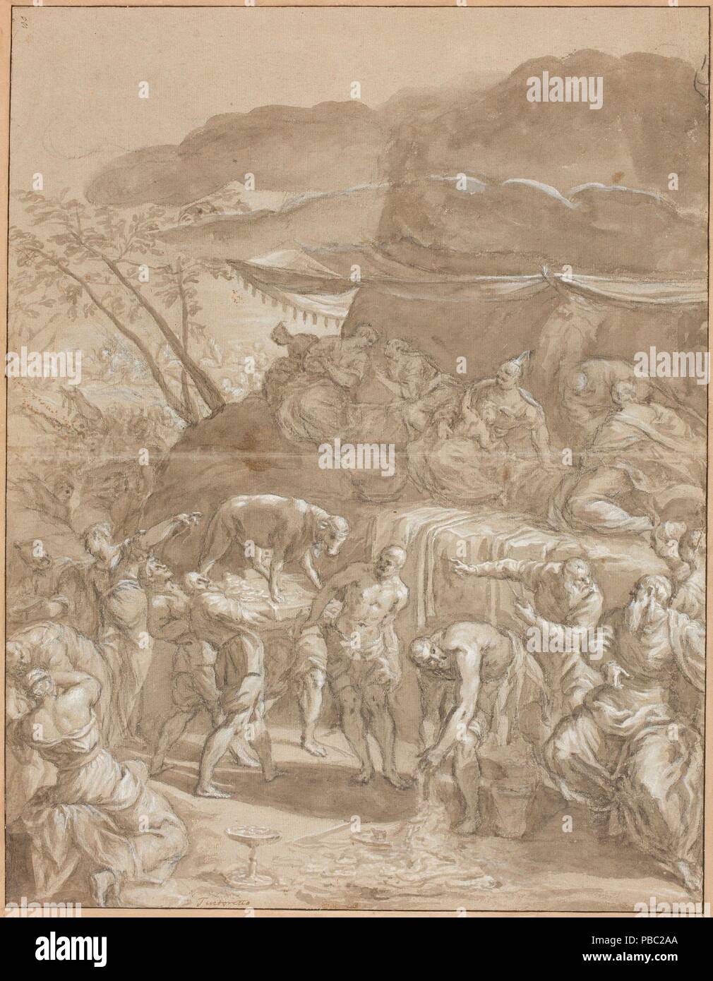 Anonymous / 'The Worship of the Golden Calf'. Ca. 1600. Grey wash, White lead, Pencil ground on brown paper. Museum: Museo del Prado, Madrid, España. Stock Photo