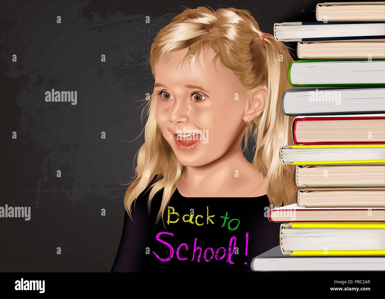 Back to School with School Girl and Stack of Books Stock Vector Image ...