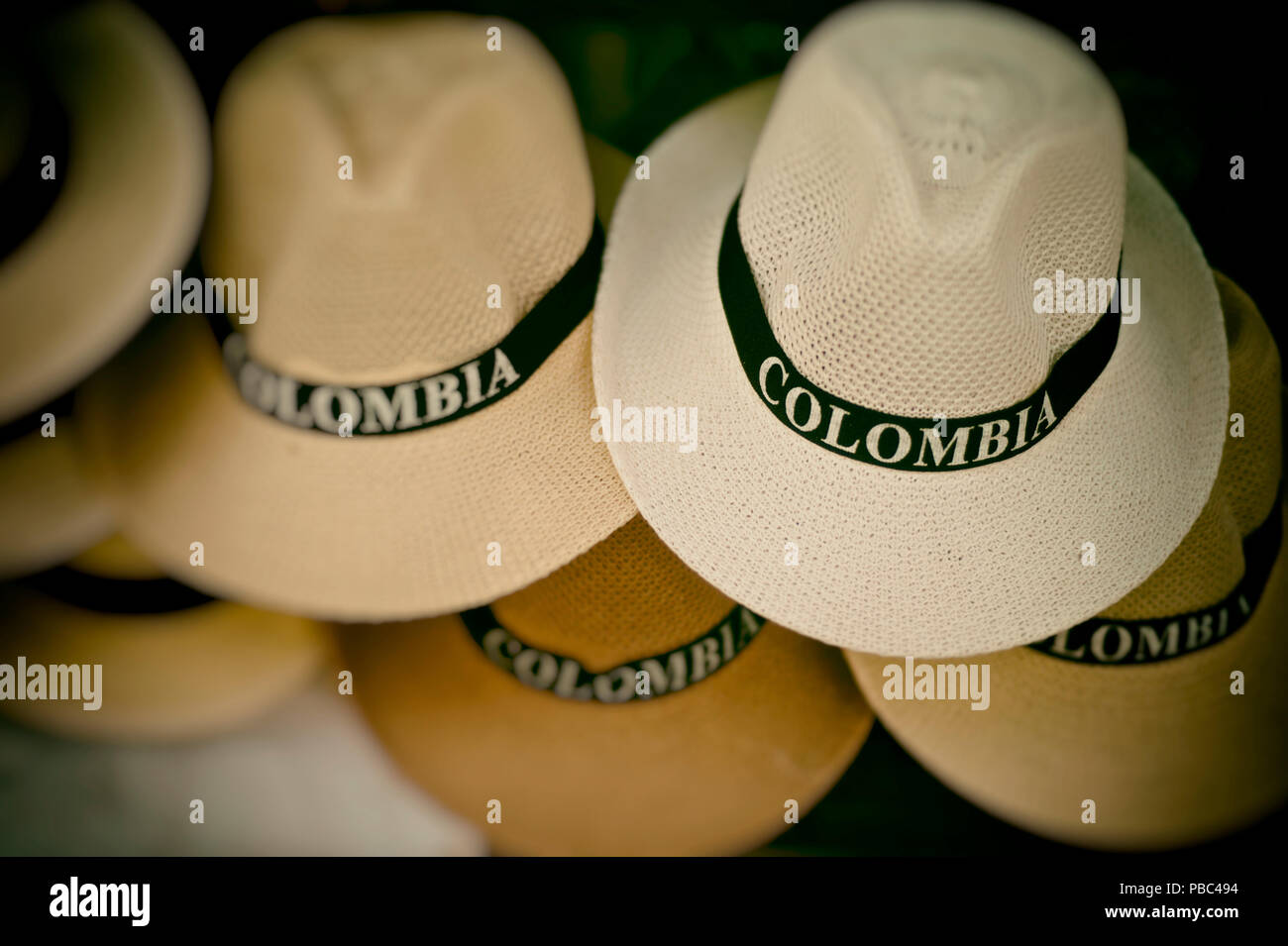 Traditional Colombian hats for sell in a street stand in Colonial Cartagena Stock Photo