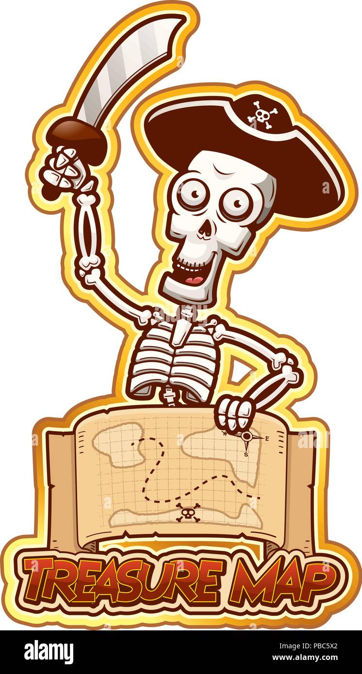 A cartoon illustration of a pirate skeleton with a treasure map. Stock Vector