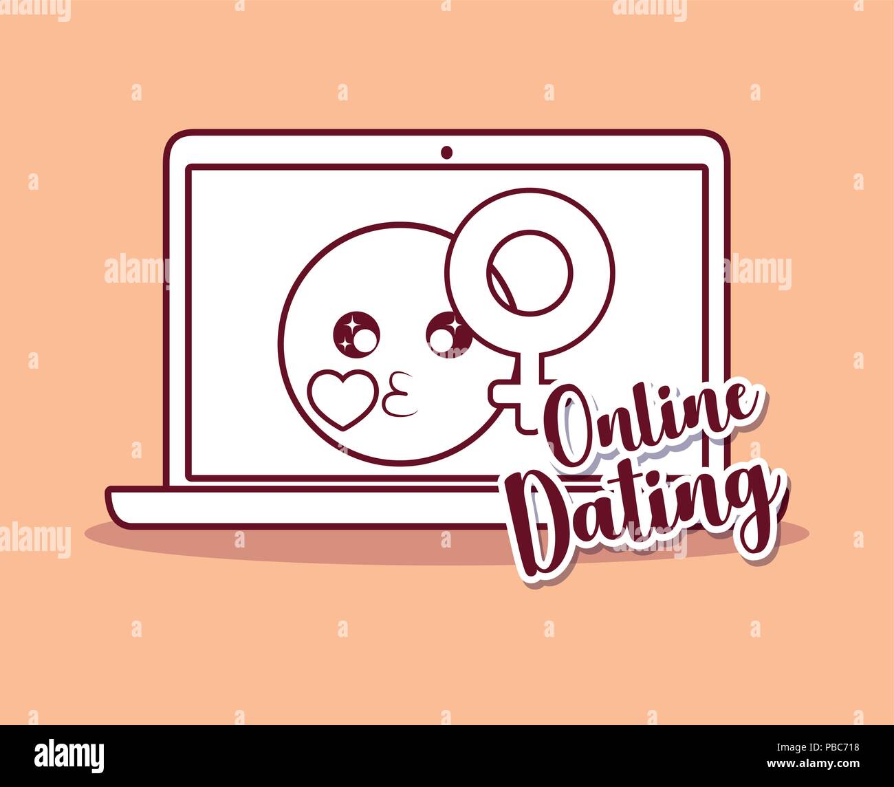 online dating design with laptop computer and kiss emoji and female ...