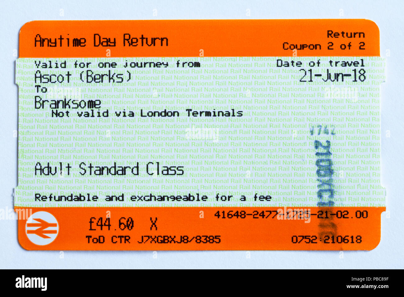 Anytime Day Return train ticket for travel between Ascot (Berks) and Branksome isolated on white background Stock Photo