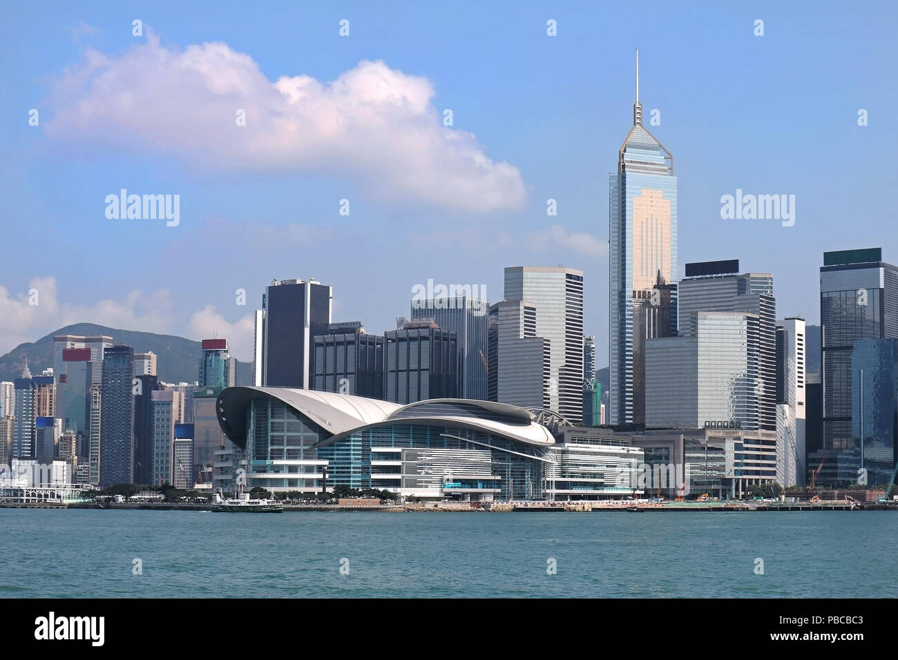 Hong Kong Convention and Exhibition Centre building is located in Wan Chai North, Hong Kong Island and is linked by walkways to nearby buildings. Stock Photo