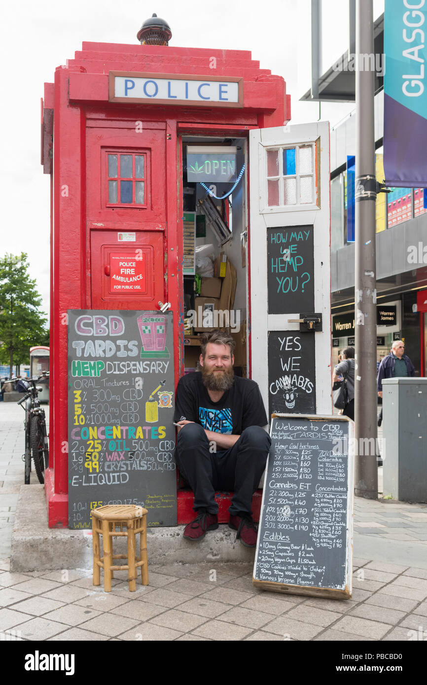 CBD Cannabis oil hemp for sale from old Police Box in Glasgow city centre,  Scotland, UK Stock Photo - Alamy