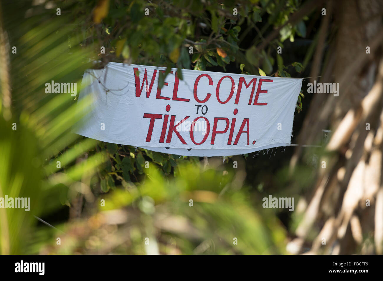 Welcome to Tikopia sign, Solomon Islands Stock Photo