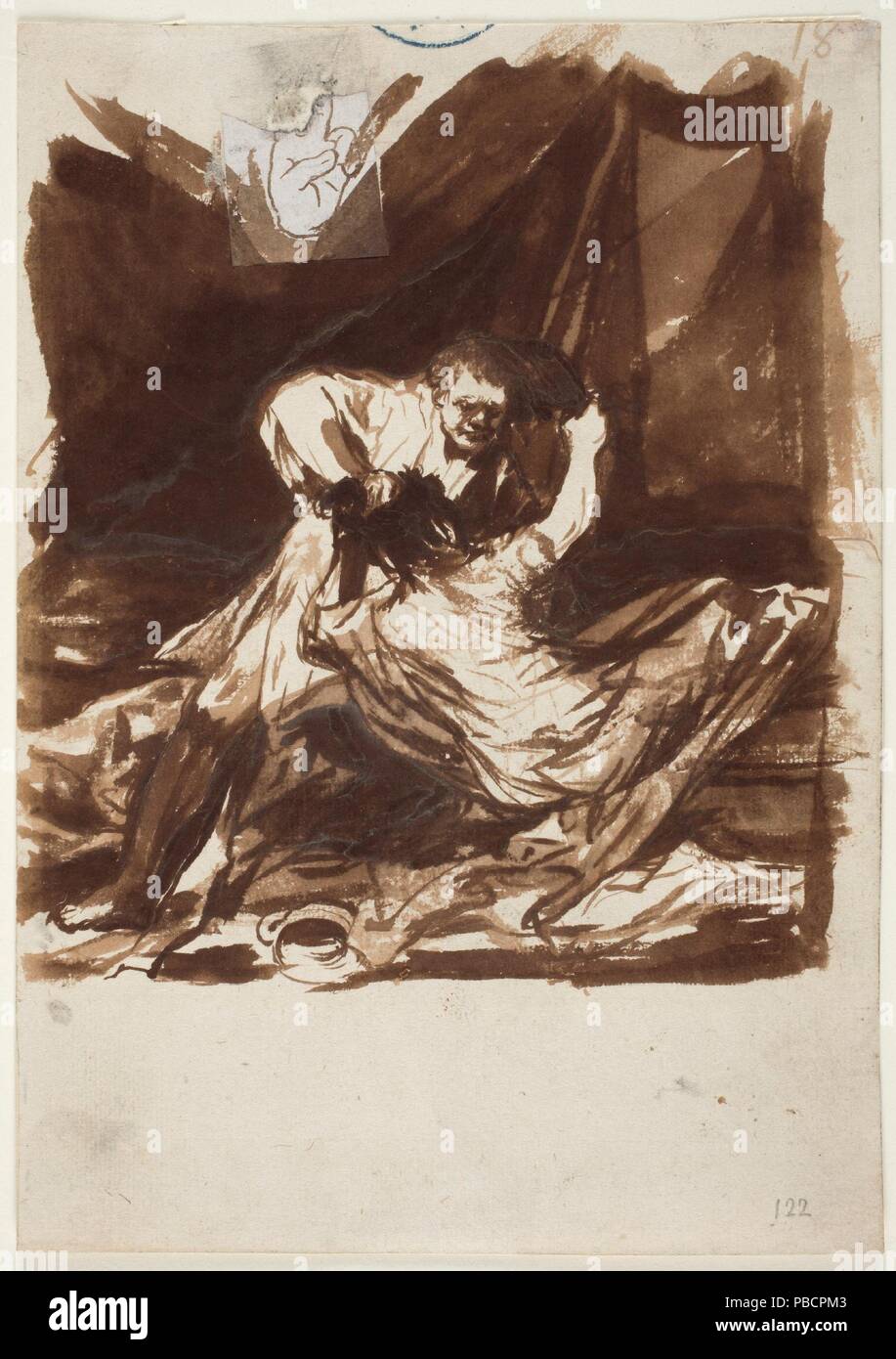 Francisco de Goya y Lucientes / 'Conjugal row (Album F, 18)'. 1812 - 1823. Grey-brown wash on dark yellow laid paper. Museum: Museo del Prado, Madrid, España. Stock Photo