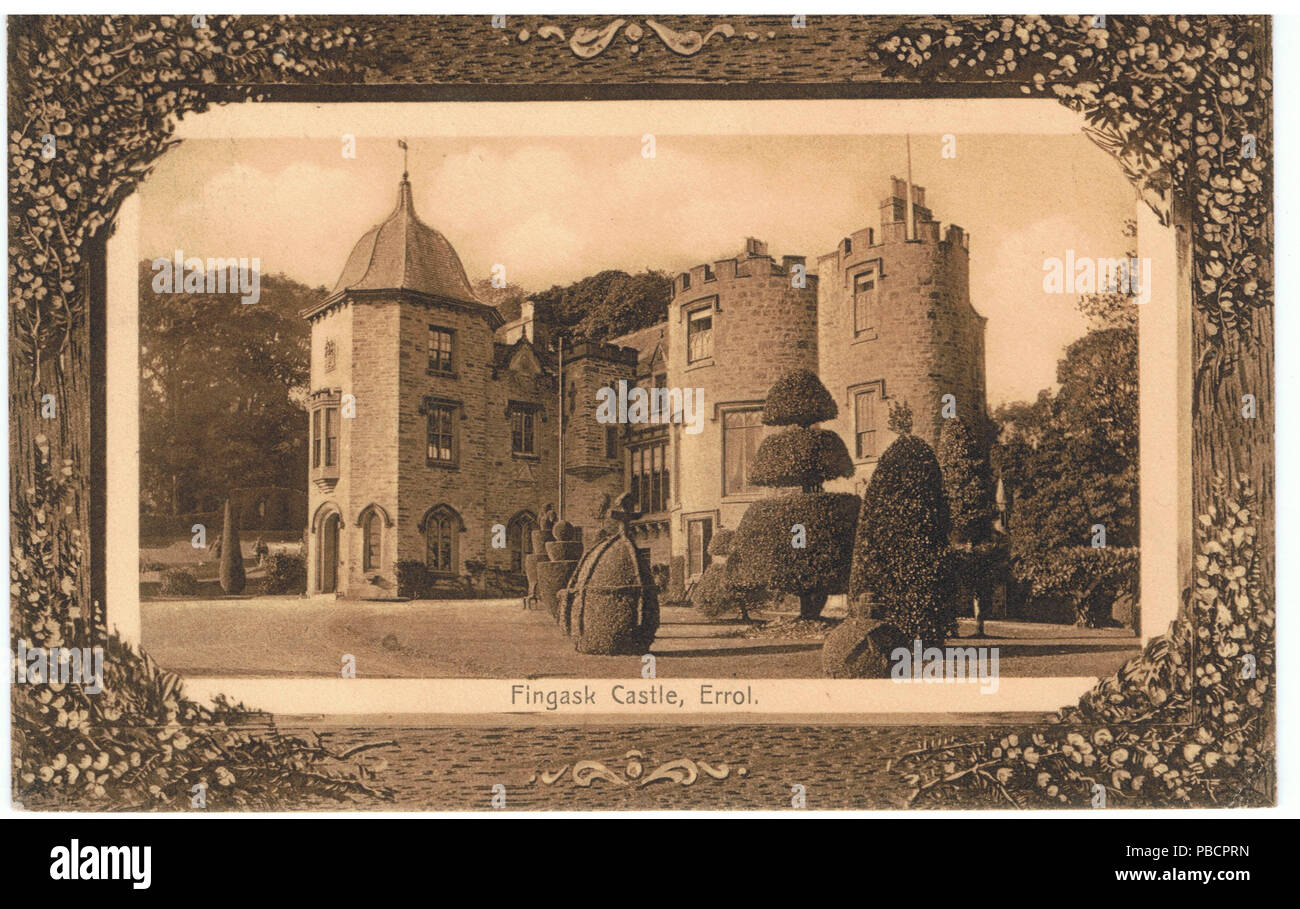. English: Post card of Fingask Castle, sent from Errol to Oxford, franked 15 August 1910. Addressed to: Mrs Horatio Symonds, 35 Banbury Road, Oxford. Marion Robison Leckie (1863-1952), daughter of Patrick Comrie Leckie, London silk dealer, married Horatio Percy Symonds (1850-1923), physician, in 1892. The 1901 census has Horatio and Marion and their surviving son Ralph living at 35 Beaumont Street, Oxford. They had six servants: a cook, nurse, footman, kitchen maid, and two housemaids. By 1911 they had moved to 35 Banbury Road, and their son Ralph Frederick (d.1971) was boarding at Radley Col Stock Photo