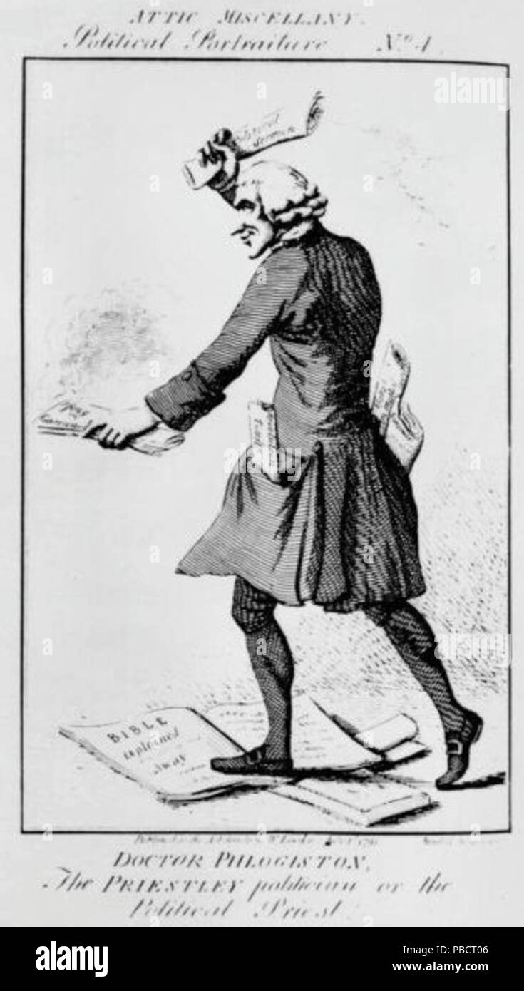 . 'Doctor Phlogiston' cartoon of Joseph Priestley; Anti-Priestley cartoon, showing him trampling on the Bible and burning documents representing English freedom; in his pockets are 'Essays on Matter and Spirit,' 'Gunpowder' and 'Revolution Toasts;' caption reads, 'Doctor Phlogiston, The Priestley politician or the Political Priest!' . between circa 1780 and circa 1790 1226 PriestleyCartoon Stock Photo