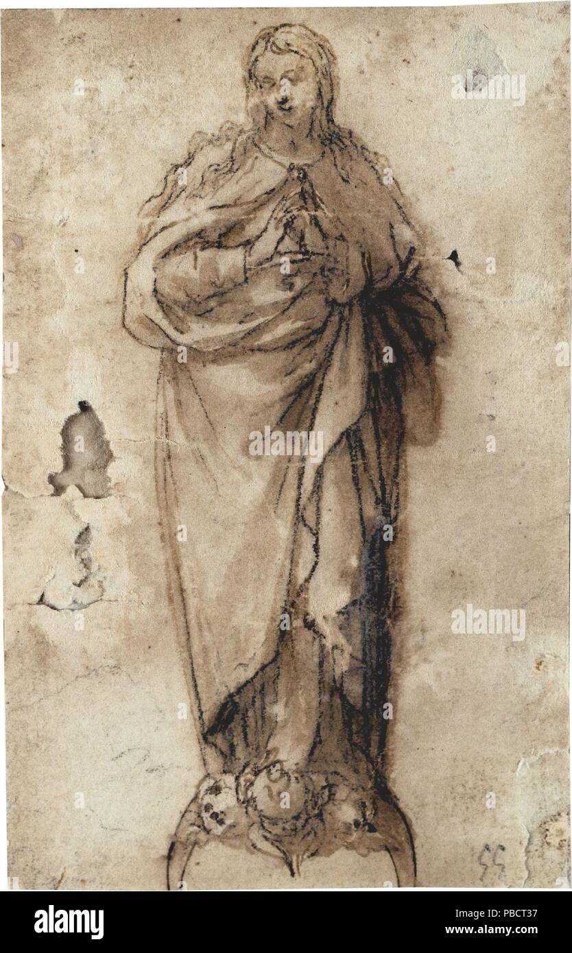 Alonso Cano / 'The Immaculate Conception'. 1630 - 1640. Grey-brown wash, Pencil on yellow paper. Museum: Museo del Prado, Madrid, España. Stock Photo