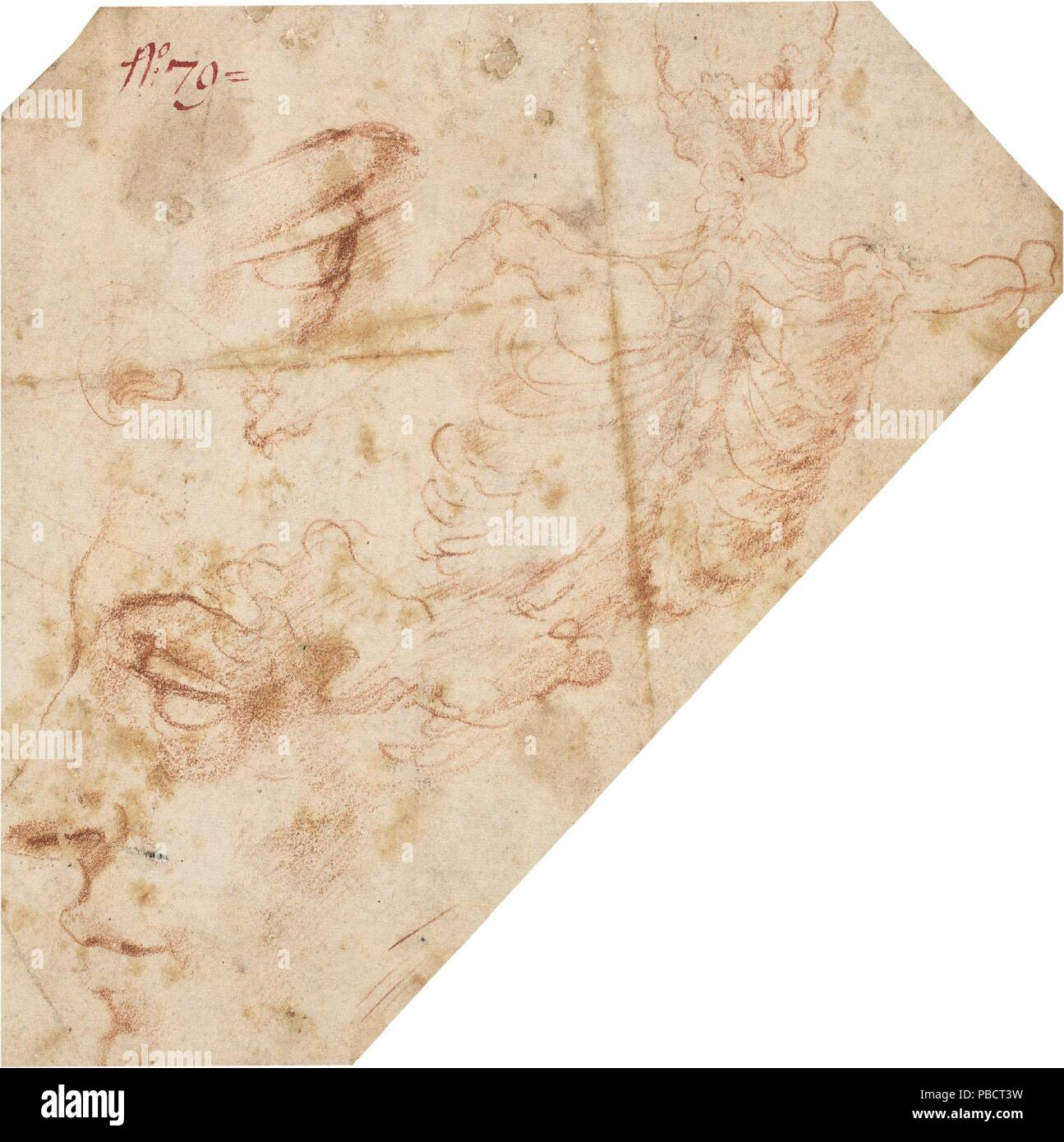 Antonio Mini / 'Studies of a right eye, a face in profile to the left, and a human skeleton'. First half of the XVI century. Red chalk on paper. Museum: Museo del Prado, Madrid, España. Stock Photo