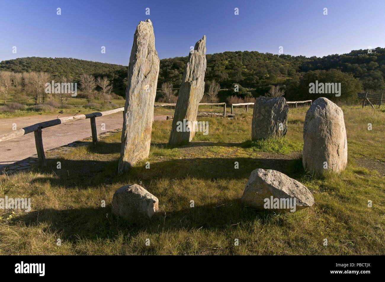 Megalithic monument, Cromlech «Pasada del Abad», Rosal de la Frontera, Huelva province, Region of Andalusia, Spain, Europe. Stock Photo
