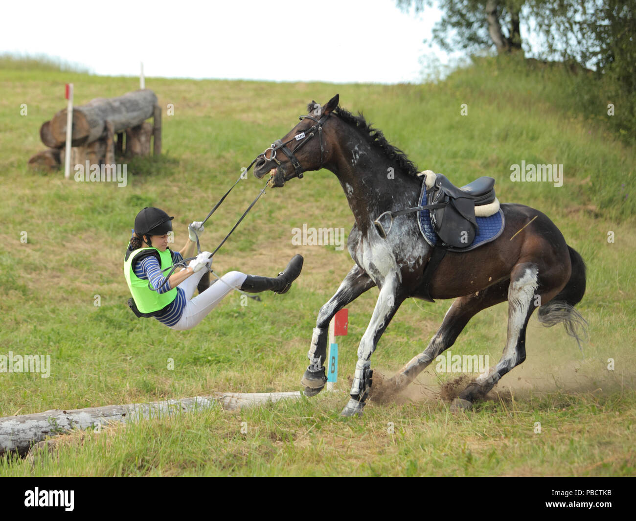 Young rider falling from horse during a competition Stock Photo
