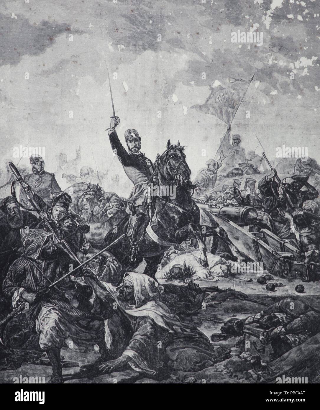 Batalla de los castillejos, general Prim, batalla de Tetuan. grabado. Museo municipal de Reus, Tarragona, España.Siglo XIX. Stock Photo