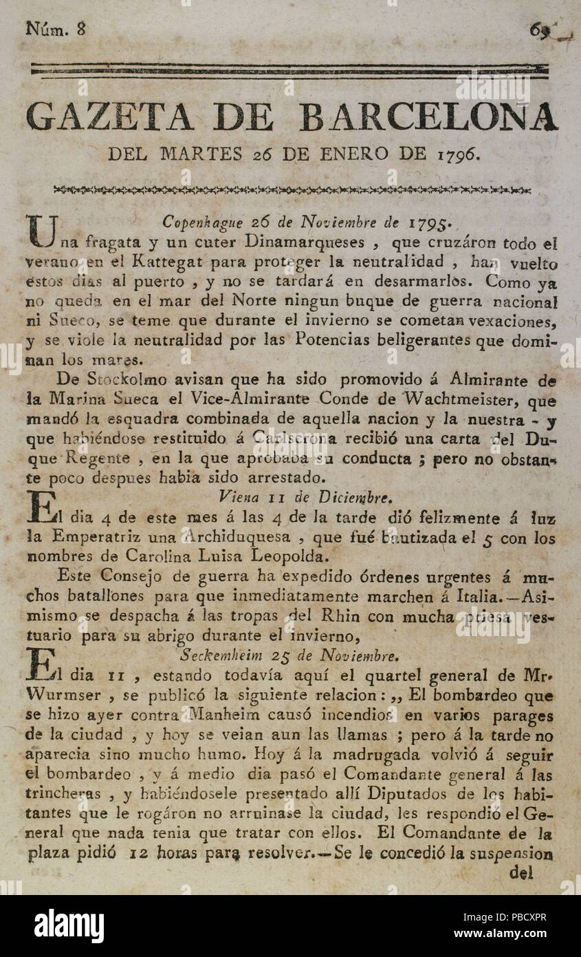Gazeta de Barcelona, 26 de enero de 1796. Núm. 8. Portada. Biblioteca Histórico Militar de Barcelona. Cataluña. España. Stock Photo