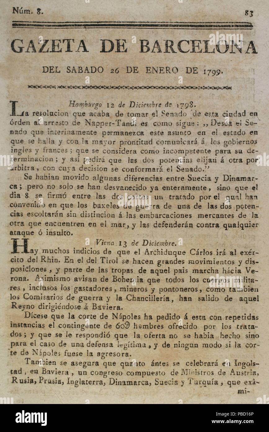 Gazeta de Barcelona, 26 de enero de 1799. Núm. 8. Portada. Biblioteca Histórico Militar de Barcelona. Cataluña. España. Stock Photo