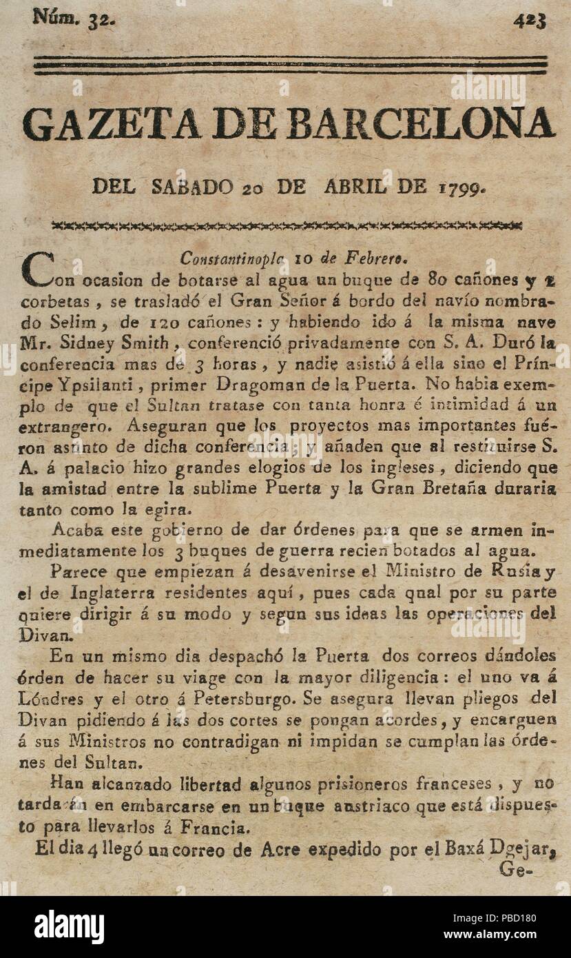 Gazeta de Barcelona, 20 de abril de 1799. Núm. 32. Portada. Biblioteca Histórico Militar de Barcelona. Cataluña. España. Stock Photo