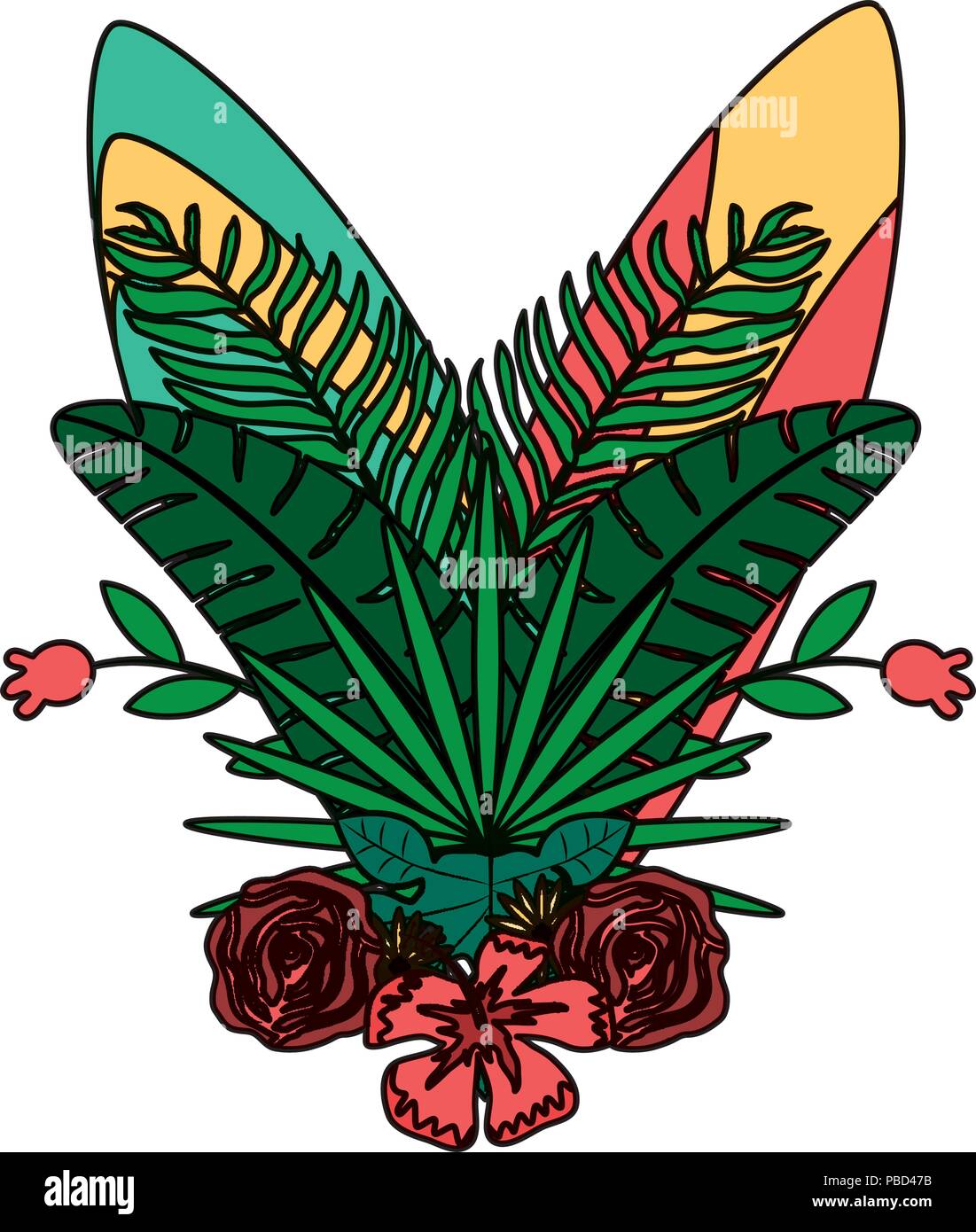 color surfboards and branches leaves with fowers style Stock Vector ...