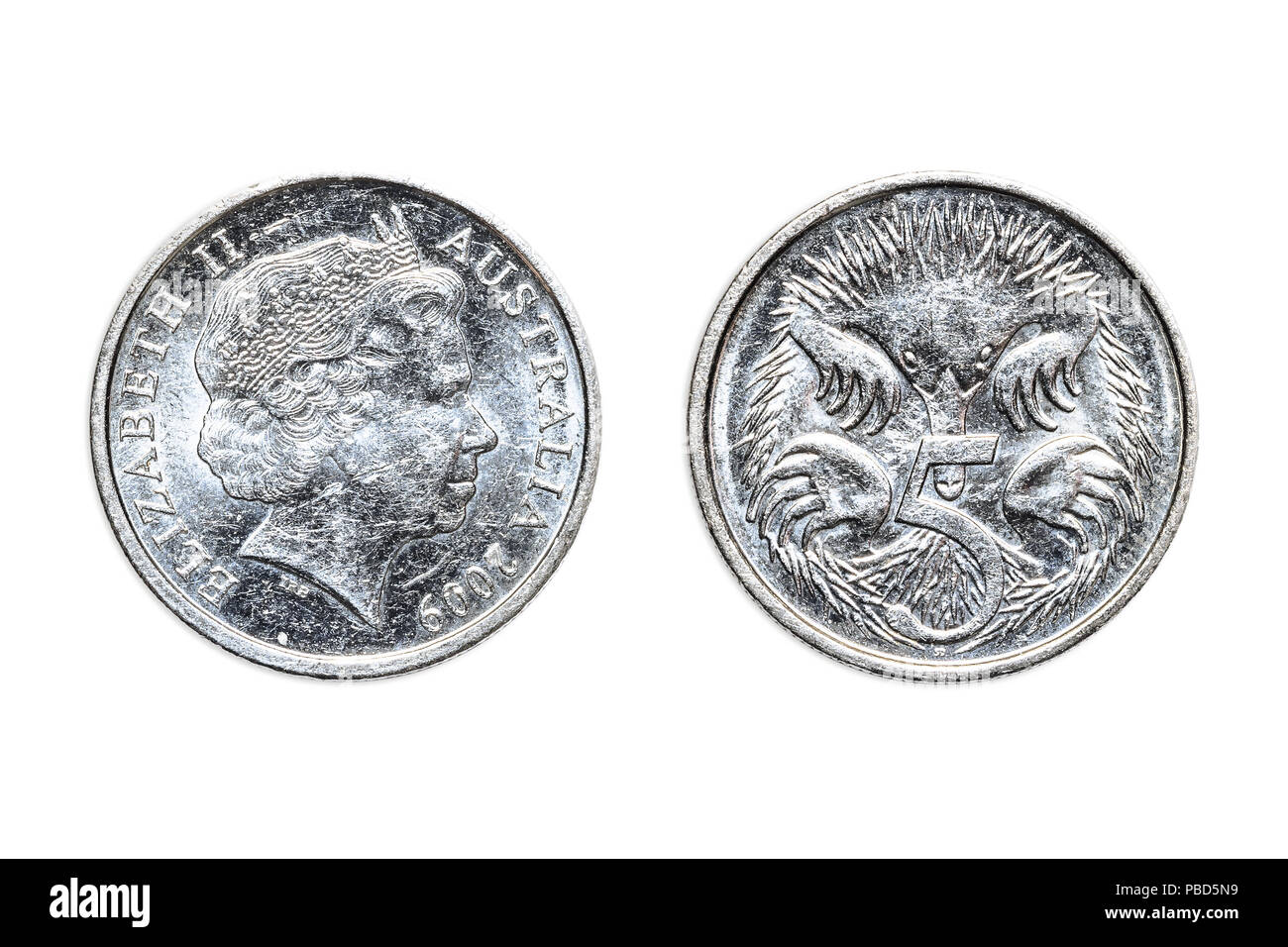 Double sides of Australian coin of 5 dollars cents of Australia, AUD currency, close up of the head and tail sides of Queen Elizabeth II and echidna a Stock Photo