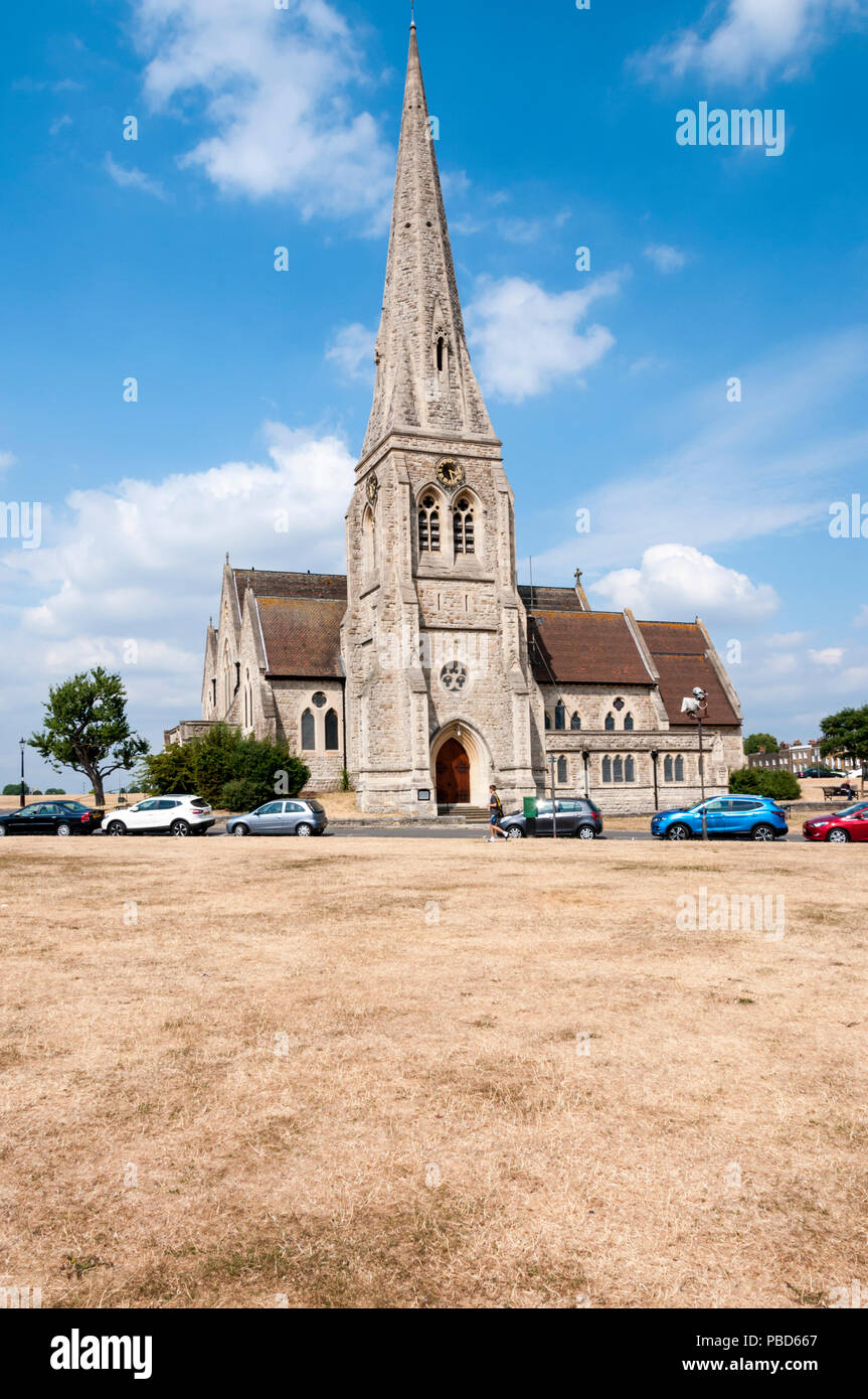 Dry, brown grass on the heath at Blackheath during the hot summer of 2018 Stock Photo
