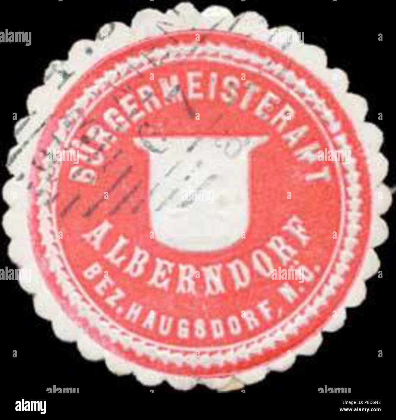 Alte Briefverschlussmarke aus Papier, welche seit ca. 1850 von Behoerden, Anwaelten, Notaren und Firmen zum verschliessen der Post verwendet wurde. 1330 Siegelmarke Bürgermeisteramt Alberndorf Bezirk Haugsdorf Nieder-Österreich W0319785 Stock Photo