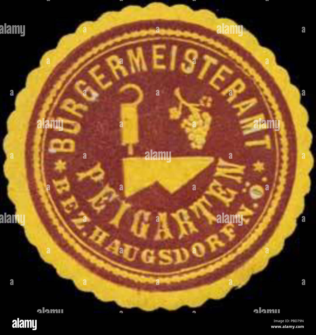 Alte Briefverschlussmarke aus Papier, welche seit ca. 1850 von Behoerden, Anwaelten, Notaren und Firmen zum verschliessen der Post verwendet wurde. 1332 Siegelmarke Bürgermeisteramt Peigarten Bezirk Haugsdorf Nieder-Österreich W0318923 Stock Photo