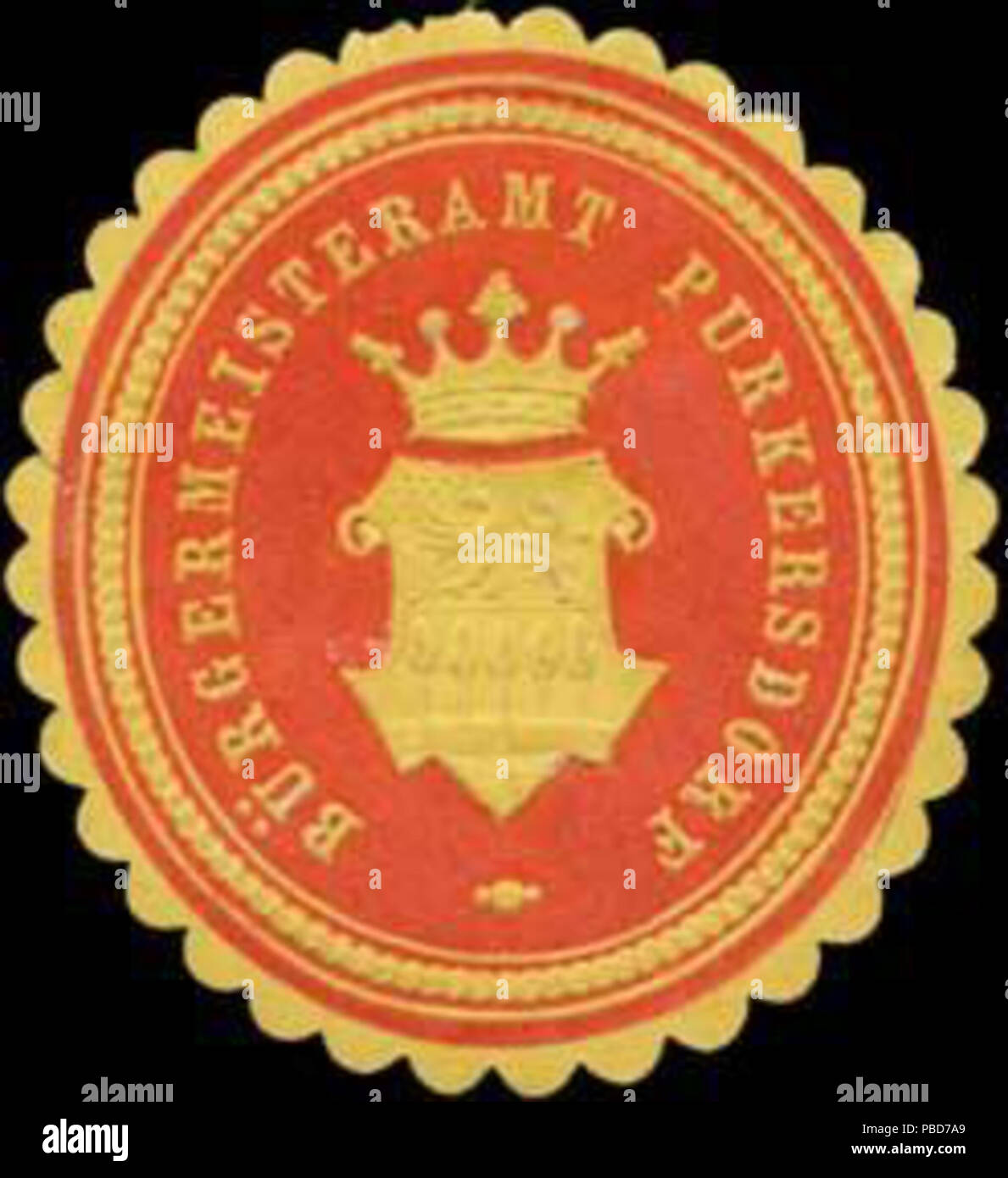 Alte Briefverschlussmarke aus Papier, welche seit ca. 1850 von Behoerden, Anwaelten, Notaren und Firmen zum verschliessen der Post verwendet wurde. 1332 Siegelmarke Bürgermeisteramt Purkersdorf W0319904 Stock Photo